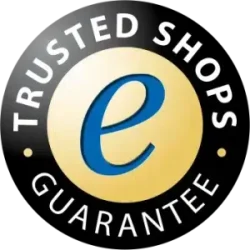 Logo der Trusted Shops Garantie mit einem blauen 'e' in einem goldenen Kreis auf schwarzem Hintergrund. | my-pergola24.com