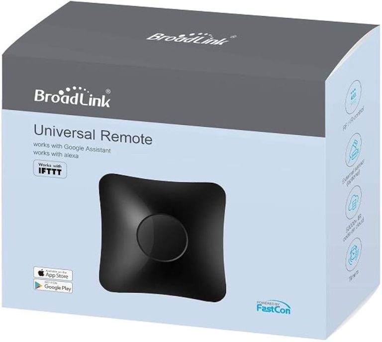 Schwarze BroadLink Universalfernbedienung in einer Verpackung mit Google Assistant und Alexa Kompatibilität. - my-pergola24