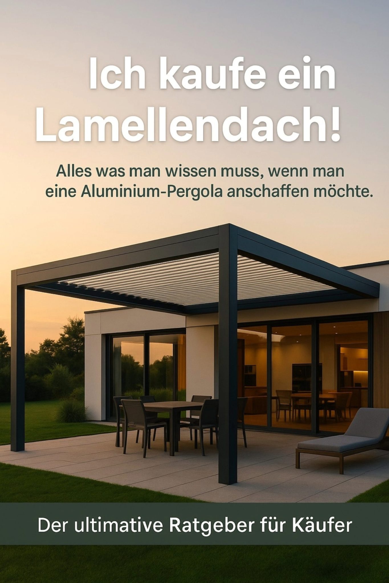 Aluminium-Pergola mit Lamellendach in einem modernen Gartenbereich, umgeben von Rasen. | my-pergola24.com
