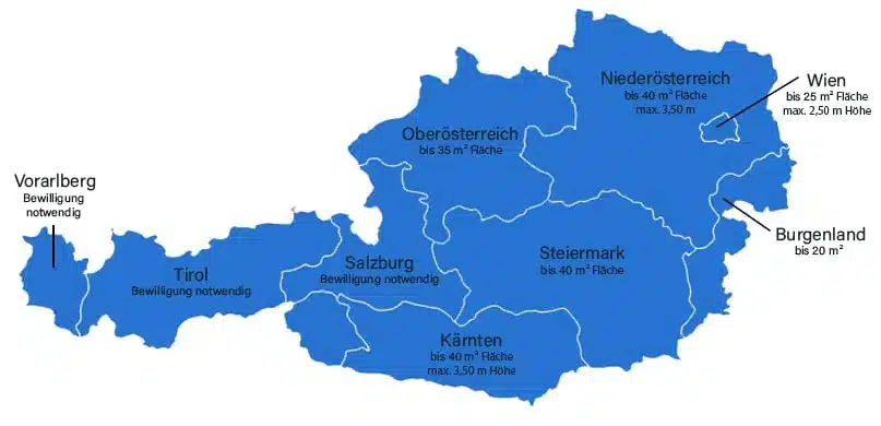 Karte von Österreich, die die verschiedenen Bundesländer mit Flächenangaben zeigt. | my-pergola24.com