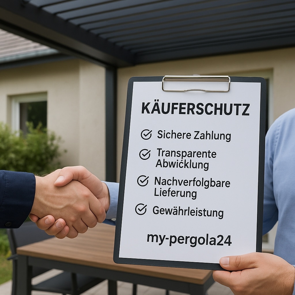 Dokument mit Käuferschutz-Checkliste und Handschlag zwischen zwei Personen. | my-pergola24.com