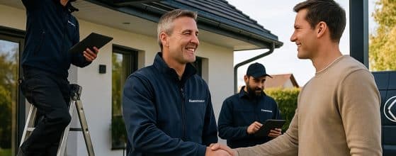 Zwei Männer schütteln sich die Hände, während ein Techniker eine Pergola installiert und ein weiterer Mitarbeiter Notizen macht. | my-pergola24.com