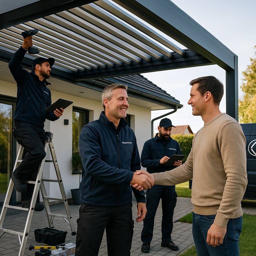 Zwei Männer schütteln sich die Hände, während ein Techniker eine Pergola installiert und ein weiterer Mitarbeiter Notizen macht. | my-pergola24.com