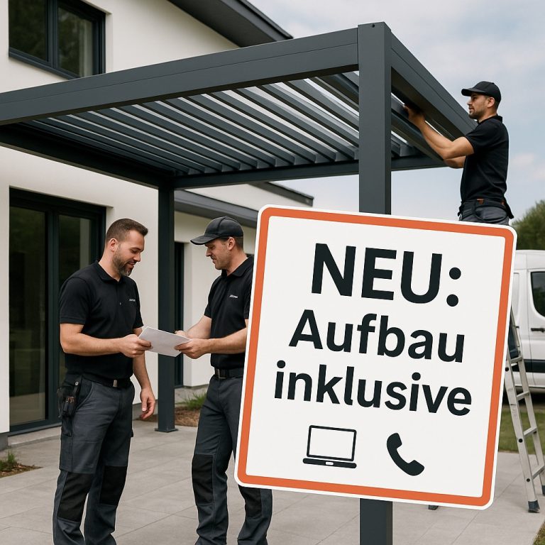 Zwei Männer in Arbeitskleidung besprechen den Aufbau einer Pergola mit einem Informationsschild über den Aufbau. | my-pergola24.com
