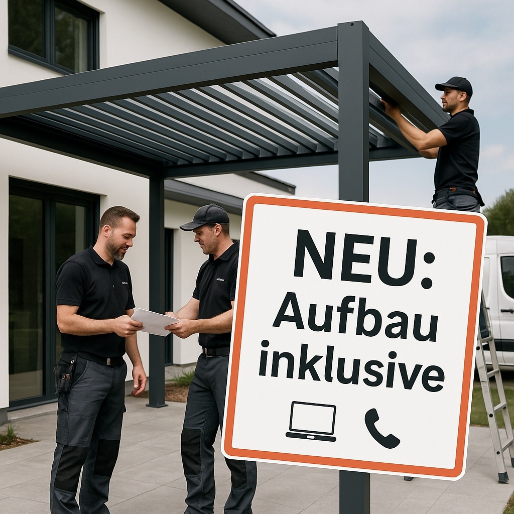 Zwei Männer in Arbeitskleidung besprechen den Aufbau einer Pergola mit einem Informationsschild über den Aufbau. | my-pergola24.com