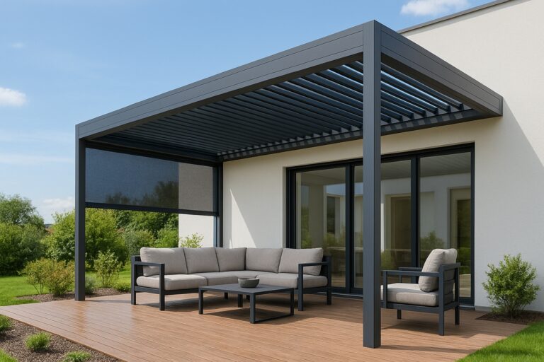 Moderne Pergola mit Lamellendach und grauer Sitzgruppe