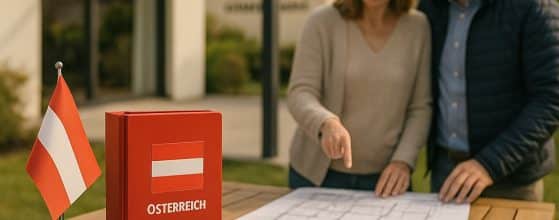 Paar betrachtet Baupläne und Antragsunterlagen für ein Bauprojekt im Freien. | my-pergola24.com