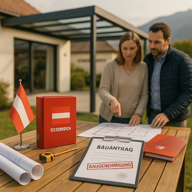 Paar betrachtet Baupläne und Antragsunterlagen für ein Bauprojekt im Freien. | my-pergola24.com