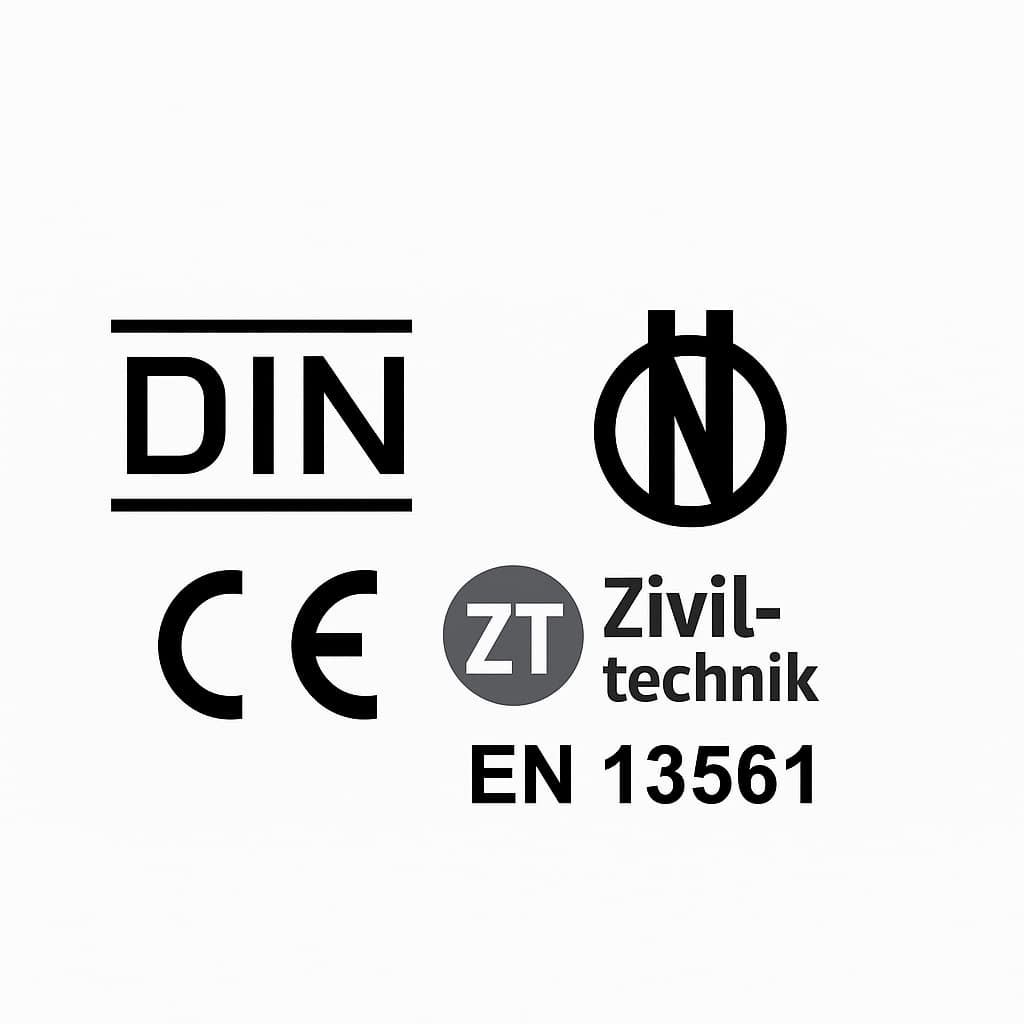 Symbole für DIN, CE, Ziviltechnik und EN 13561 auf weißem Hintergrund. | my-pergola24.com