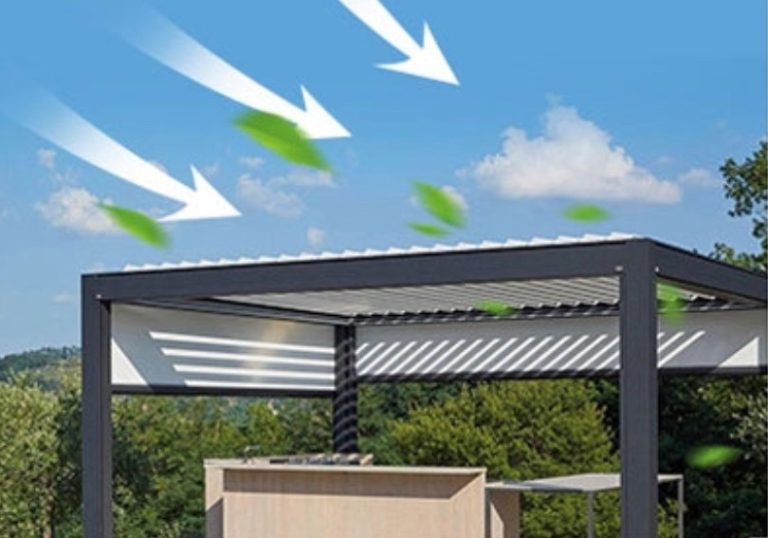 Pergola mit einem Lamellendach, das den Windfluss und die Bewegung von Blättern darstellt. | my-pergola24.com