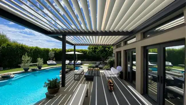 Blick unter ein Lamellendach mit geöffneten weißen Lamellen auf Terrasse und Pool