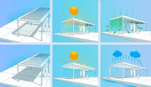 Schema eines Lamellendachs mit Sonnenschutz, Belüftung und Regenschutz in sechs Szenen