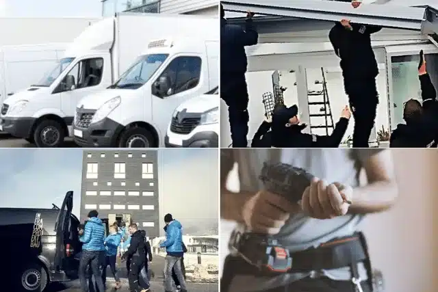 Bilder zur Montage: Lieferwagen, Team vor Ort, Arbeit am Lamellendach und ein Akkuschrauber