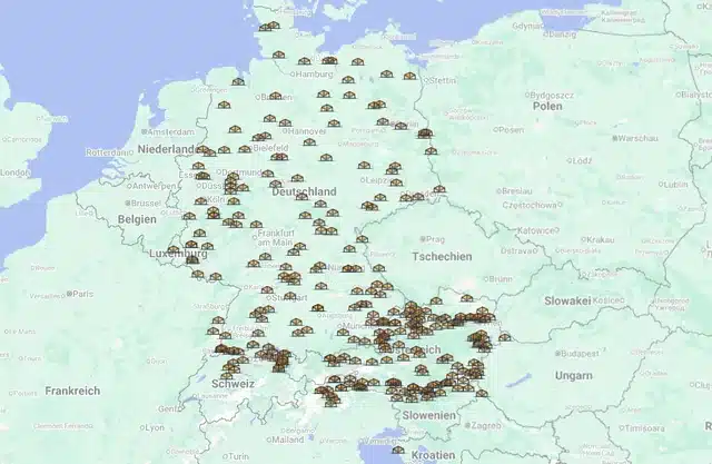 Karte mit Auslieferungsorten von Lamellendach-Projekten in Deutschland, Österreich und der Schweiz
