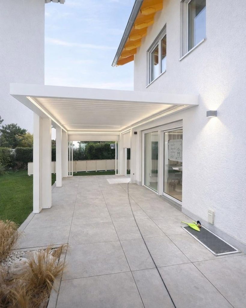 Weißes Lamellendach in Altötting mit Wandleuchte über einer Terrasse mit großformatigen Platten