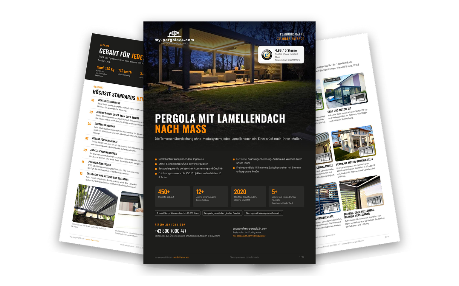 Planungsmappe Lamellendach von my-pergola24: 14 Seiten mit Seitenteilen, Extras, Technik und Planungstipps
